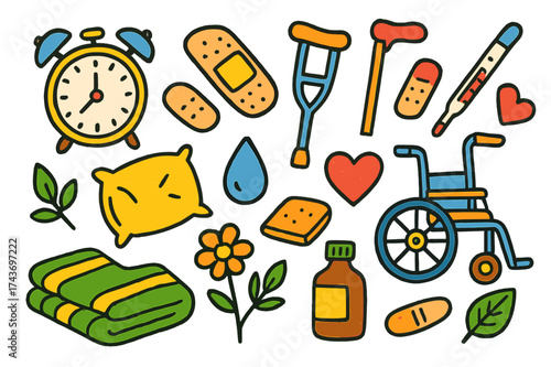 Recovery Symbols. Slow Recovery. Colorful Hand-drawn doodle Children illustration Clock, bandage, crutch, plaster, heart, thermometer, wheelchair, pillow,