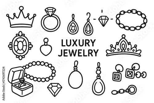 Luxury Jewelry Doodles. Luxury jewelry. Hand-drawn doodle illustration luxury jewelry crown, diamond ring, pearl necklace, earrings, brooch, bracelet, pendant,