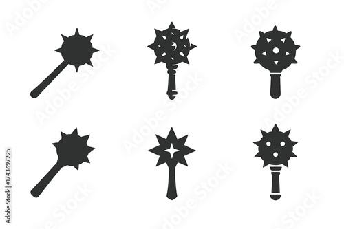 Antique Weapon Logos. Antique Weapons. Set Logo of Antique Weapons: spiked mace. harmonious logo variations of the same emblematic concept, each with different