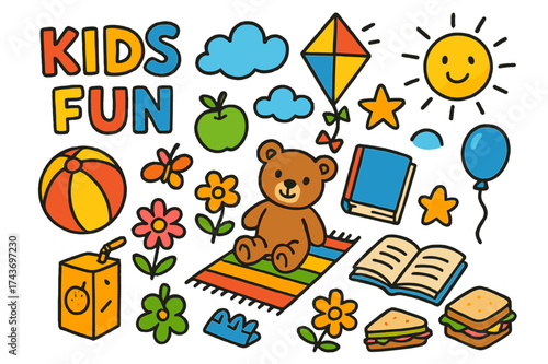 Colorful Children's Doodle. Kids Fun. Colorful Hand-drawn doodle Children illustration Ball, kite, teddy bear, juice box, apple, sandwich, book, flowers, sun,