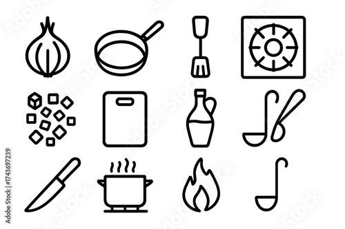 Cooking Icon Set. Cooking process. Line icon set of Cooking process: onion, pan, spatula, stove, diced vegetables, chopping board, oil bottle, spoon, knife,