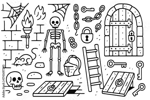 Medieval Dungeon Elements. Medieval dungeon. Hand-drawn doodle illustration medieval dungeon torch, iron door, barred gate, lock, chains, skeleton, skull,