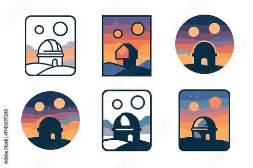 Planetary Moons Logos. A planet with multiple moons and colorful skies. Set Logo of A planet with multiple moons and colorful skies: Observatory dome under