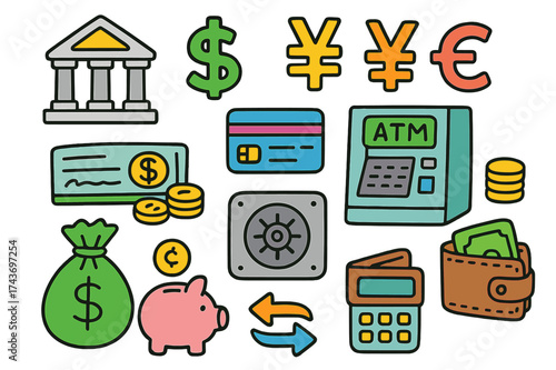 Colorful Banking Doodles. Banking Symbols. Colorful Hand-drawn doodle Children illustration Banking Symbols bank building, dollar sign, euro sign, yen sign,