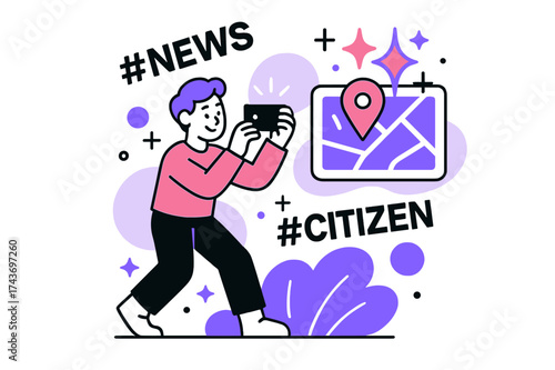Digital News Capture. Citizen journalism. A character recording glowing local events on a phone, abstract floating hashtags, maps, and sparkles showing
