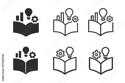 Diverse Project Emblems. Students making presentations and projects. Set Logo of research book: open book with project symbols. harmonious logo variations of