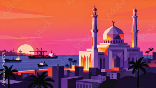 Illustration Of Conakry, A Large Port On The Atlantic Ocean With A Magnificent Mosque At Dusk Vector Design Template