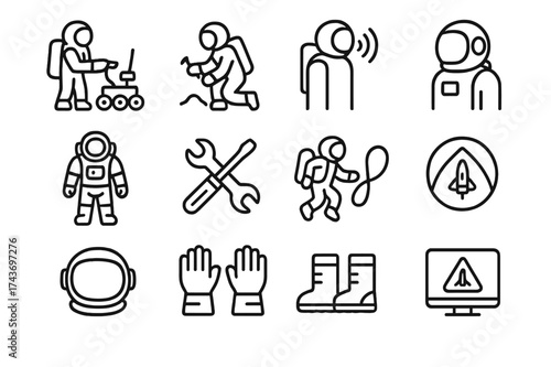 Astronaut Icon Grid. Astronaut interaction. Line icon set of Astronaut interaction: astronaut, rover control, sample collection, communication, space suit,