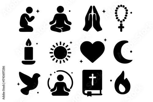 Meditation & Prayer Icons. Meditation & Prayer. Solid icons set of Meditation & Prayer: kneeling person, lotus pose, folded hands, rosary, candle, sun, heart,