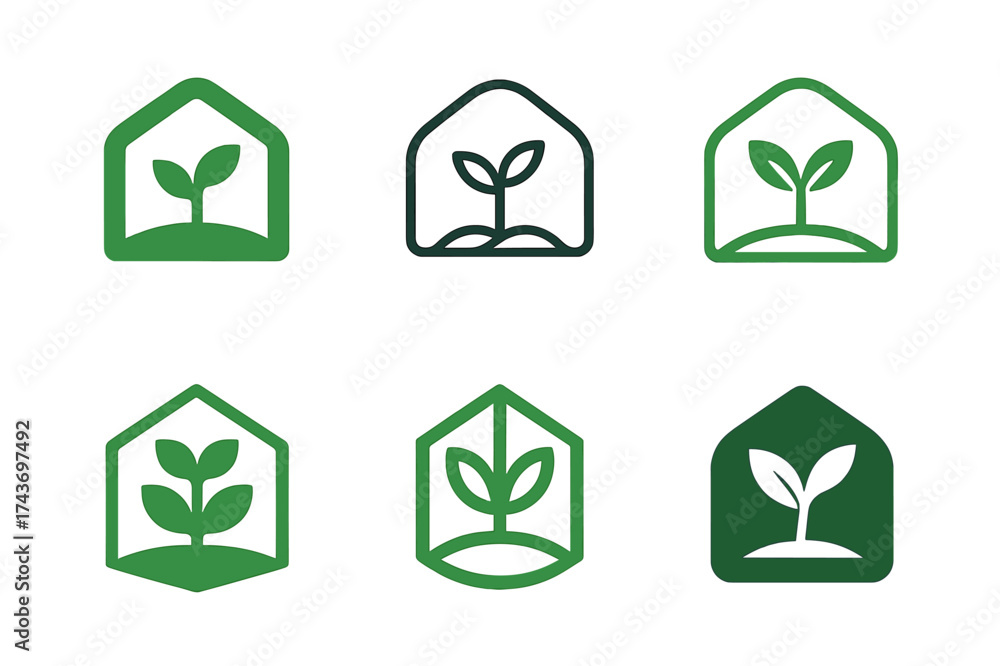 Obraz premium Greenhouse Logo Variations. Organic and plant-based food systems. Set Logo of greenhouse: plant growing under protective structure. harmonious logo variations