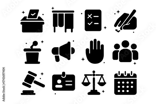 Election Icons Grid. Elections balance. Solid icons set of ballot box, voting booth, voting paper, pen marking, debate podium, megaphone, hand vote, group of