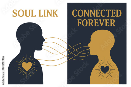 Soul Link Banners. Soul Link. Two vertical A6 banners, pastel, navy and gold backgrounds, two silhouettes with radiant lines linking their hearts, first banner