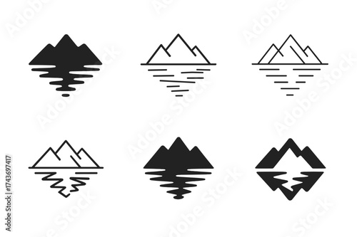 Mountain Reflection Logos. Mountain peaks. Set Logo of reflection: mountains mirrored in water below. harmonious logo variations of the same emblematic