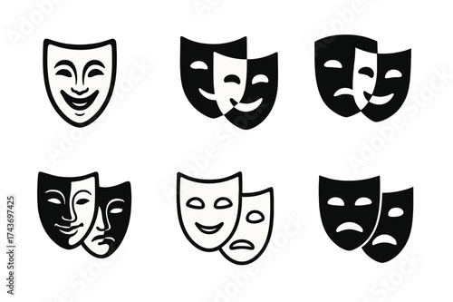 Theatrical Mask Logos. Ego and identity. Set Logo of layered masks: overlapping theatrical masks. harmonious logo variations of the same emblematic concept,