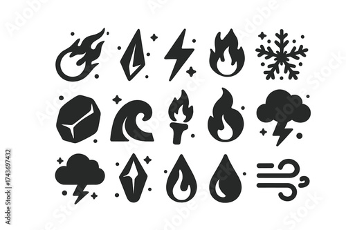 Elemental Icons Grid. Elemental magic spells. Solid icons set of fireball, ice shard, lightning bolt, tornado swirl, earth rock, water wave, flame torch,