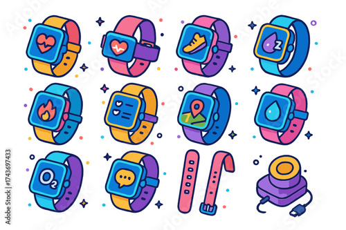 Wearable Fitness Icons. Wearable fitness. Colorful isometric vector icons set of wearable fitness: smartwatch, heart monitor, step counter, sleep tracking,