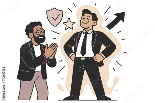 Confident Executive Success. Confidence building. Executive standing taller while mentor claps beside, glowing aura of energy forming around. Floating shield,