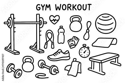 Gym Equipment Icons. Gym workout. Hand-drawn doodle illustration gym workout squat rack, barbell, dumbbell, kettlebell, resistance band, yoga mat, water