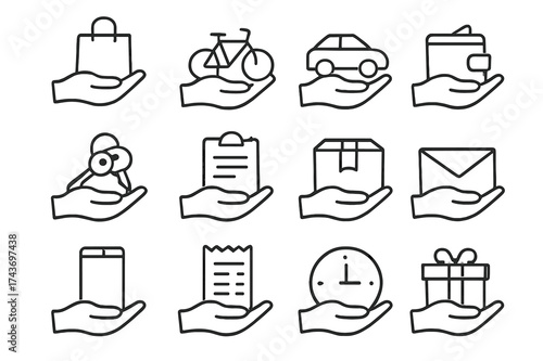 Helping Hand Icon Set. Helping Hand. Line icon set of Helping Hand: shopping bag, bicycle, car, wallet, keys, clipboard, delivery box, envelope, mobile phone,