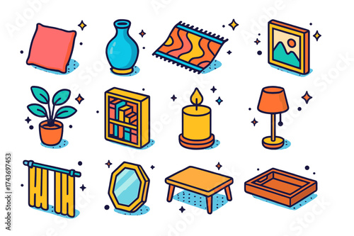 Colorful Home Decor Icons. Home Decor. Colorful isometric vector icons set of Home Decor: throw pillow, ceramic vase, rug, wall art, potted plant, bookshelf,