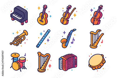 Colorful Instrument Icons. Musical instruments. Colorful isometric vector icons set of musical instruments: piano, guitar, violin, cello, trumpet, flute,