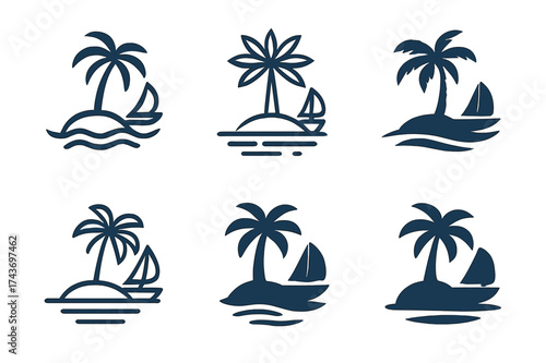 Tropical Island Logos. Travel destinations. Set Logo of tropical island: small island with palm and boat. harmonious logo variations of the same emblematic