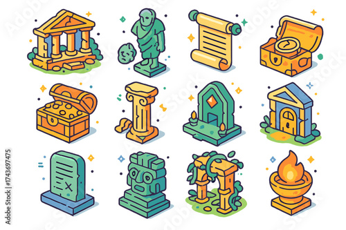 Lost Civilization Icons. Lost civilization. Colorful isometric vector icons set of lost civilization: ruined temple, broken statue, ancient scroll, hidden