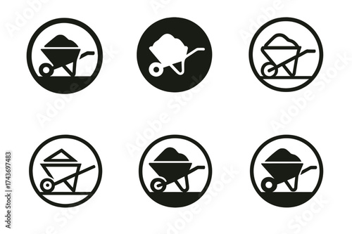 Wheelbarrow Logo Variations. Wheelbarrow with cement. Set Logo of circle emblem: wheelbarrow with cement framed inside circle. harmonious logo variations of