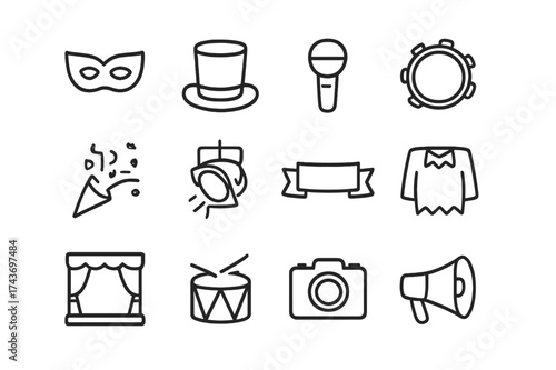Performance Props Icons. Performance Props. Line icon set of Performance Props: mask, hat, microphone, tambourine, confetti, spotlight, banner, costume, stage,