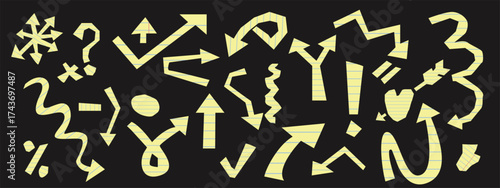 Set of Cutout paper arrows with yellow striped pattern. Crooked Arrows of various shapes like Paper clippings. Design elements for fancy collage, stickers.
