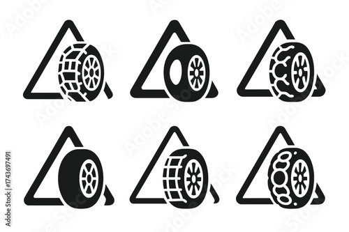 Snow Chains Logos. Snow chains on tires. Set Logo of snow road safety: wheel with chains beside hazard triangle. harmonious logo variations of the same