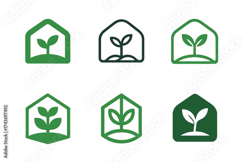 Greenhouse Logo Variations. Organic and plant-based food systems. Set Logo of greenhouse: plant growing under protective structure. harmonious logo variations
