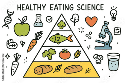 Healthy Eating Doodles. Healthy Eating Science. Hand-drawn doodle illustration food pyramid (colored), apple, fish (colored), grains, vegetables (colored),
