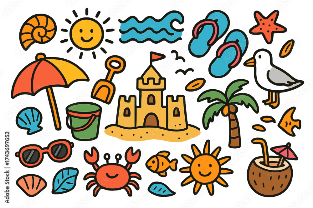 Fototapeta premium Colorful Beach Doodle. Beach. Colorful Hand-drawn doodle Children illustration Seashell, starfish, sandcastle, bucket, shovel, umbrella, waves, flip-flops,