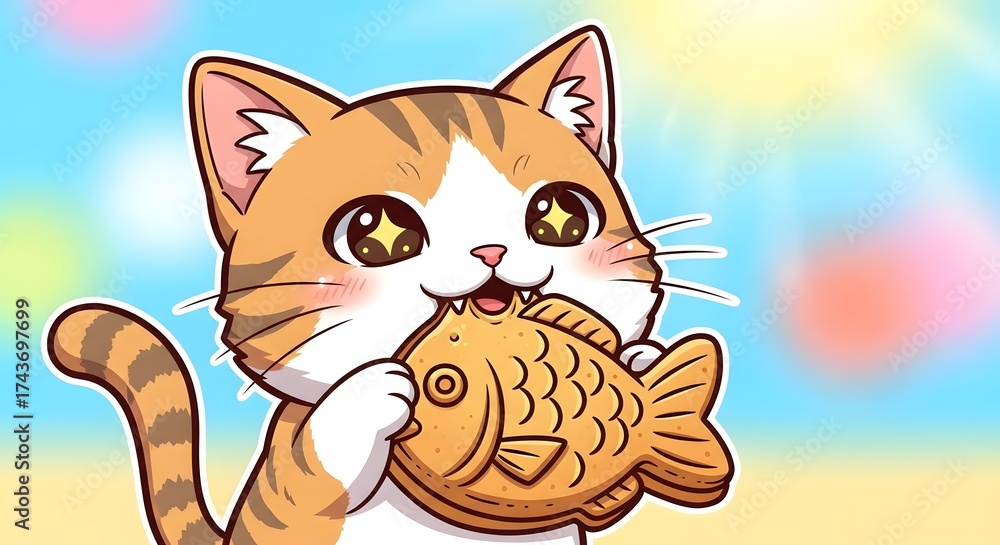 Fototapeta premium Cute cartoon cat enjoying a fish-shaped biscuit under sunny skies