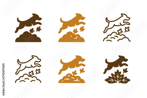 Dog in Leaf Piles. Jumping into leaf piles. Set Logo of Jumping into leaf piles: Playful dog. harmonious logo variations of the same emblematic concept, each
