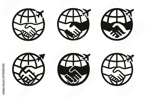 Cultural Exchange Logos. Cross-cultural exchange programs. Set Logo of cultural badge: circular emblem with globe, handshake, and travel icons. harmonious logo