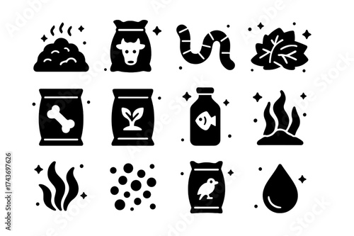 Natural Fertilizer Icons. Natural Fertilizers. Solid icons set of Natural Fertilizers: compost pile, manure sack, worm, leaves pile, bone meal bag, mulch bag,