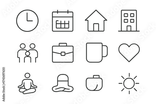 Balanced Life Icons. Work-life balance. Line icon set of work-life balance: clock, calendar, home, office building, family, briefcase, coffee mug, heart, yoga