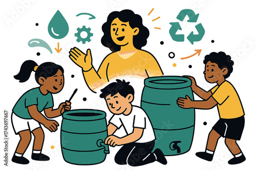 Kids Building Sustainability. Hands-on resilience. Kids learning from glowing educator while building rainwater collection barrels. Floating water, gear, and