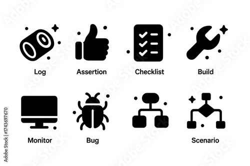 Black Icon Grid. Log, Assertion, Checklist, Build, Monitor, Bug, Scenario.Filled icons set in only black color.icons set clean style, surrounded by small