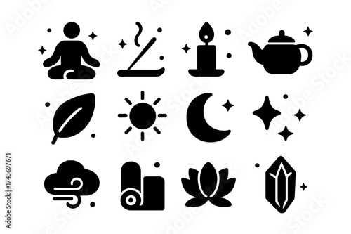 Mindful Break Icons. Mindful Breaks. Solid icons set of Mindful Breaks: meditation pose, incense stick, candle flame, tea pot, leaf, sun, moon, sparkle,