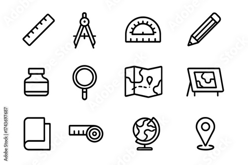 Cartography Tools Icon Set. Cartography tools. Line icon set of Cartography tools: ruler, compass, protractor, pencil, ink bottle, magnifying glass, scale map,