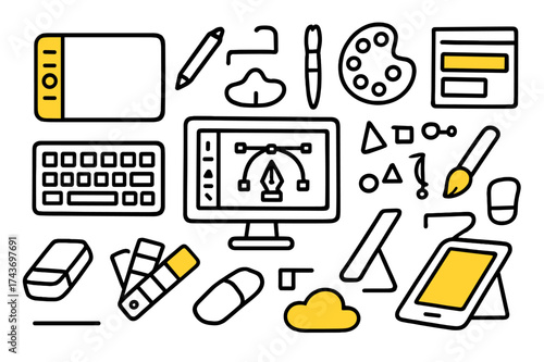 Creative Design Tools. Graphic Design. Hand-drawn doodle illustration graphic design tablet (accented), stylus, computer monitor (accented), paintbrush, color