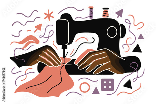Guided Creative Sewing. Hands-on design. Glowing hands guiding fabric through sewing machine, abstract floating threads and geometric icons emphasizing