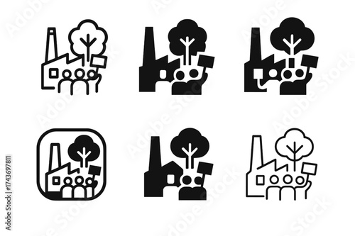 Environmental Justice Logos. Environmental justice. Set Logo of Environmental justice: Factory with tree protest (people and signs). harmonious logo variations