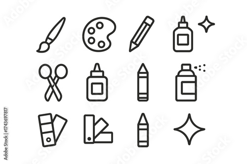 Creative Art Icons. Creative art. Line icon set of creative art: paintbrush, paint palette, pencil, marker, scissors, glue, crayon, spray can, color swatch,