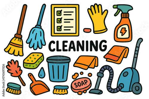 Colorful Cleaning Tools. Cleaning. Colorful Hand-drawn doodle Children illustration Cleaning broom, mop, sponge, gloves, bucket, vacuum, cleaning spray,