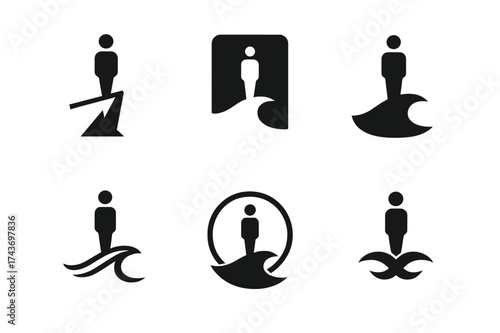 Wave Logo Variations. A person standing on a cliff overlooking the ocean, with waves crashing below. Set Logo of minimalist wave: person above stylized wave
