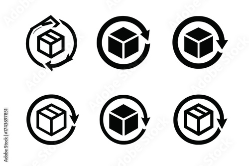 Sustainable Logo Variations. Trade in eco-friendly products and sustainable merchandise. Set Logo of renewable arrows: circular arrows around product box.
